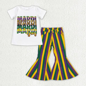 GSPO1940 baby girls Mardi Gras white short sleeve stripe bell-buttom jeans outfits