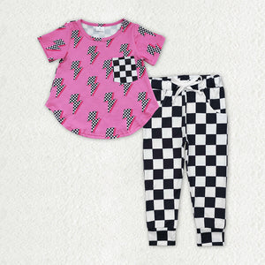 GSPO1946 baby Girls rose Lightning short sleeve plaid pant outfits