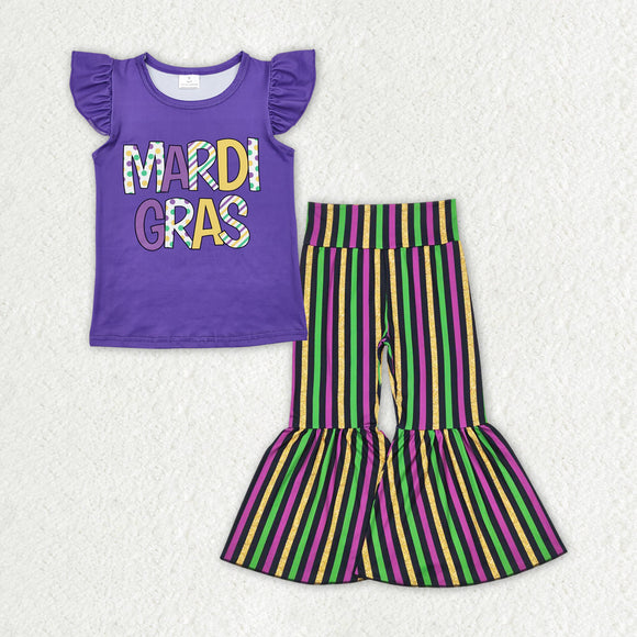 GSPO1949 baby Girls Mardi Gras flying sleeve stripe bell-bottoms outfits