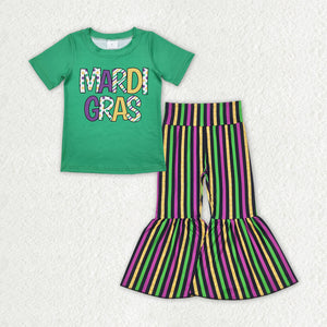 GSPO1950 baby Girls Mardi Gras green short sleeve stripe bell-bottoms outfits