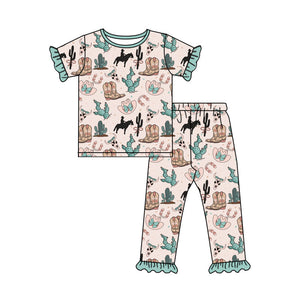 Pre-order GSPO1954 baby girls green cactus horse short sleeve pajamas（Deadline Jan.11）