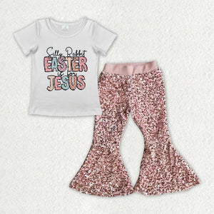 GSPO1964 Girls Easter JESUS Outfits pink Sequined Pants