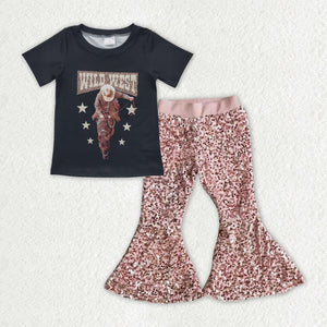 GSPO1966 Girls black WILD WEST Outfits pink Sequined Pants