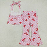 GSPO2030 baby girls pink red checkered bow outfits
