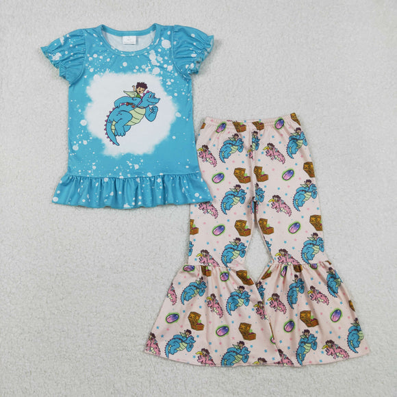 GSPO2137 girls blue puff sleeves Crocodile bell outfits
