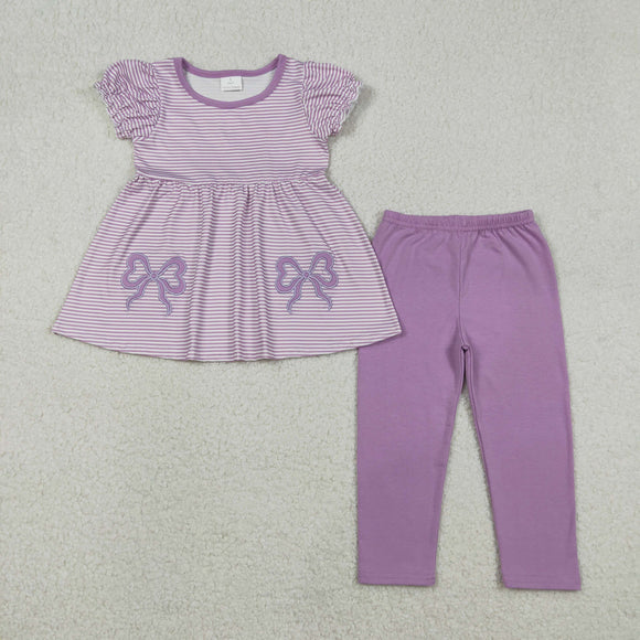 GSPO2153 girls purple embroidered bow stripe puff sleeves outfits