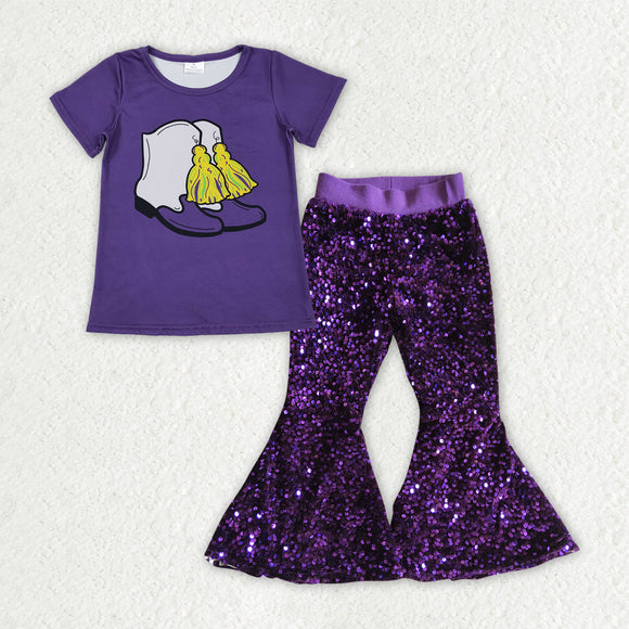 GSPO2185 Girls Mardi Gras short sleeve Outfits purple Sequined Pants