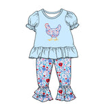 12.12 Pre-order GSPO2261 girls embroidered  chicken blue puff sleeve flower outfits