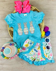 GSSO0370--pre order Easter bunny and floral blue girls outfits