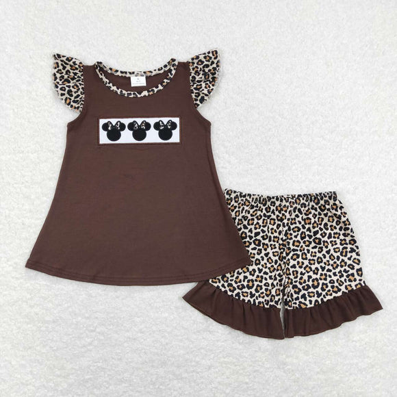 GSSO0424--short sleeve cartoon embroidery mouse brown girls outfits