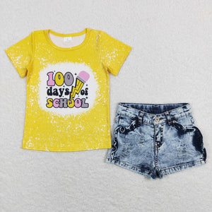 GSSO0524 ----yellow school short sleeve top +  Denim shorts outfits