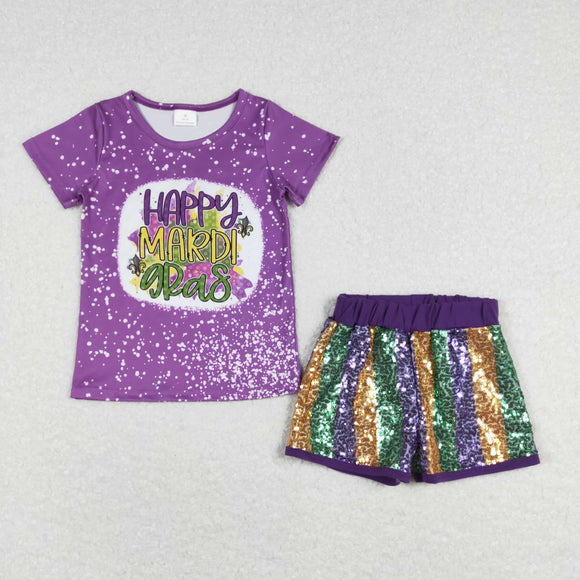 GSSO0528 happy purple short sleeve shirt and Sequin shorts girls outfit