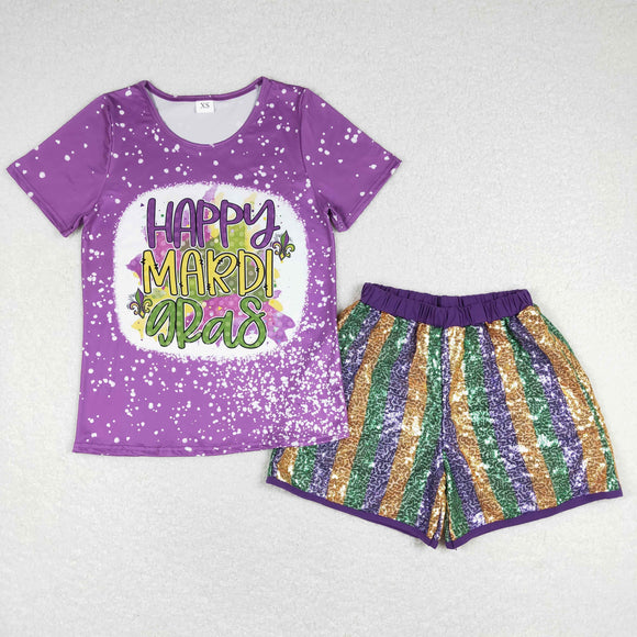 GSSO0529 happy purple adult short sleeve shirt and Sequin shorts girls outfit