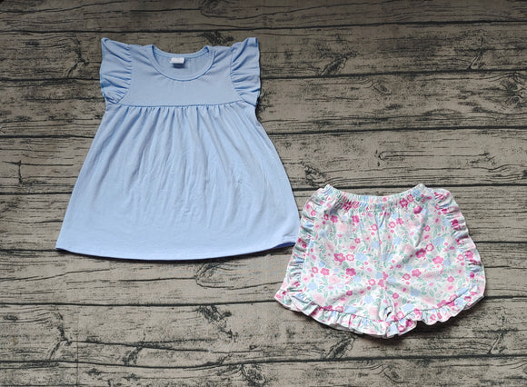 Flutter sleeves tunic light blue floral shorts girls clothing