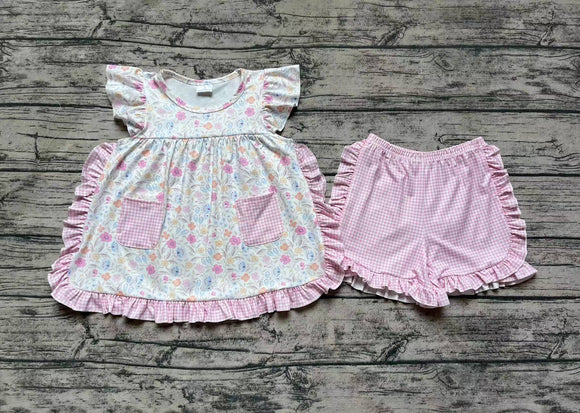 Pockets floral tunic plaid shorts girls summer clothing