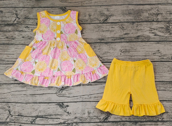 Sleeveless lemon tunic ruffle shorts girls summer clothes