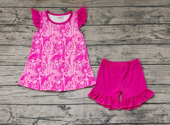Hot pink watercolor flamingo top ruffle shorts girls clothes