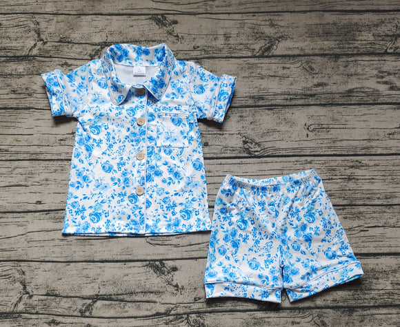 Blue floral short sleeves girls button down pajamas