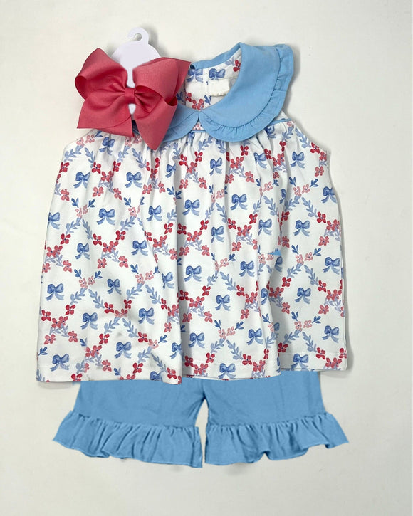 Blue red floral bow tunic shorts girls 4th of july outfits