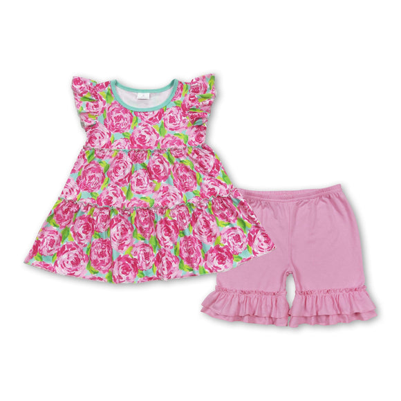 Watercolor floral tunic pink shorts girls spring set