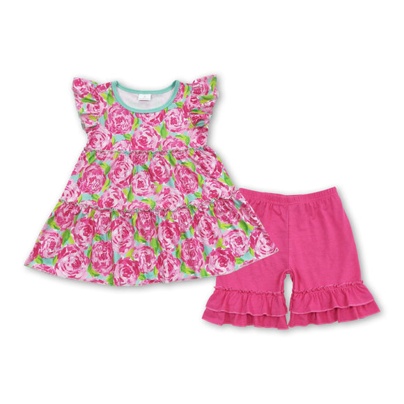 Watercolor floral tunic hot pink shorts girls spring set