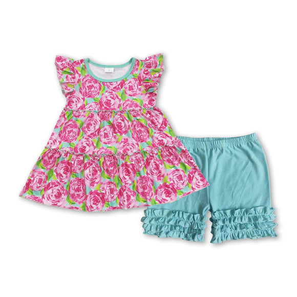 Watercolor floral tunic ruffle shorts girls spring set