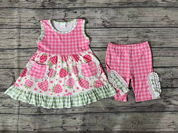 Sleeveless plaid strawberry kids girls clothing set