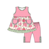 Sleeveless plaid strawberry kids girls clothing set