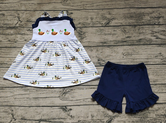 embroidery Duck stripe tunic navy shorts girls summer outfits