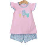 Embroidery Flutter sleeves ice cream top floral shorts girls clothes