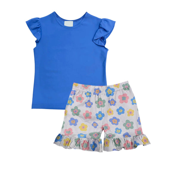 Flutter sleeves blue top floral shorts kids girls clothes