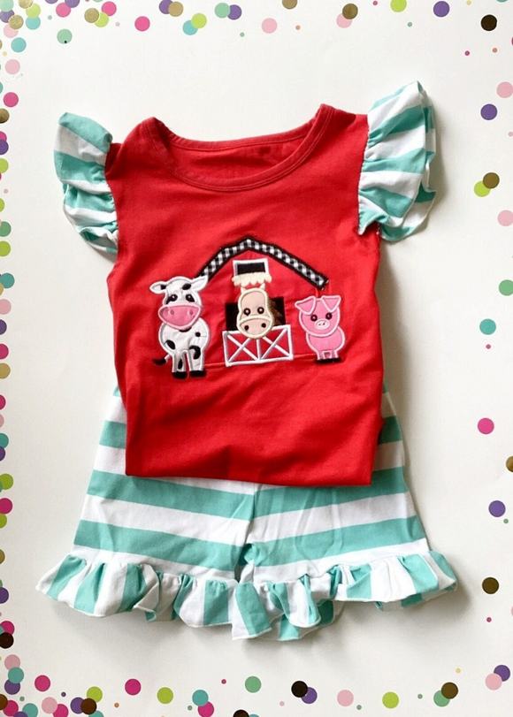 Cow pig horse top stripe shorts girls farm outfits