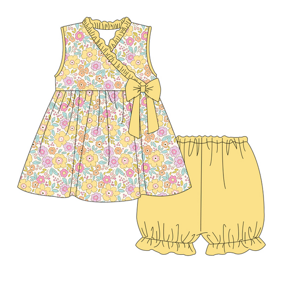 Yellow floral sleeveless tunic shorts girls summer clothes