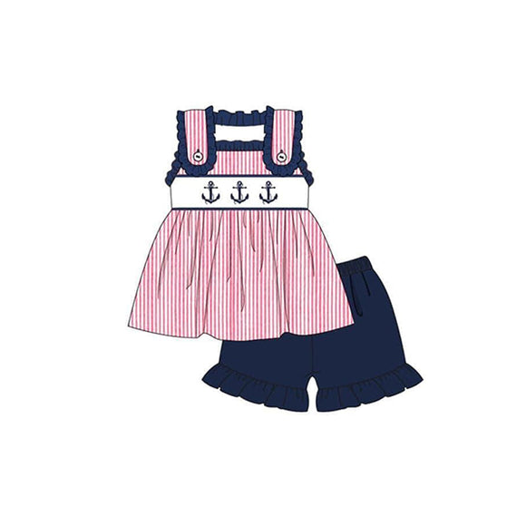 Sleeveless anchor stripe tunic shorts girls clothes