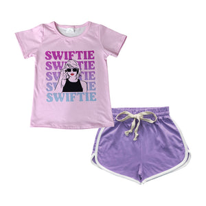 Pink letters top lavender shorts singer girls clothing