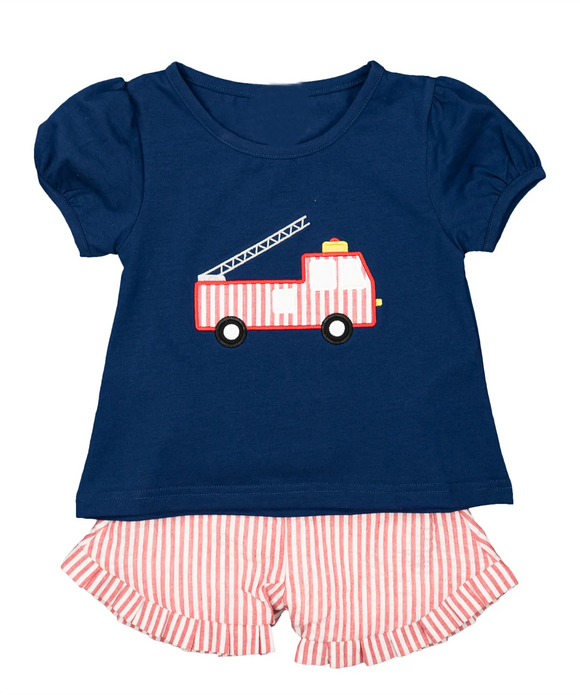 Deadline May 7 Short sleeves navy fire truck top stripe shorts girls clothes