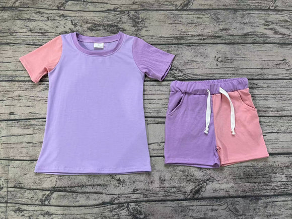 Short sleeves lavender pink patchwork girls summer clothes