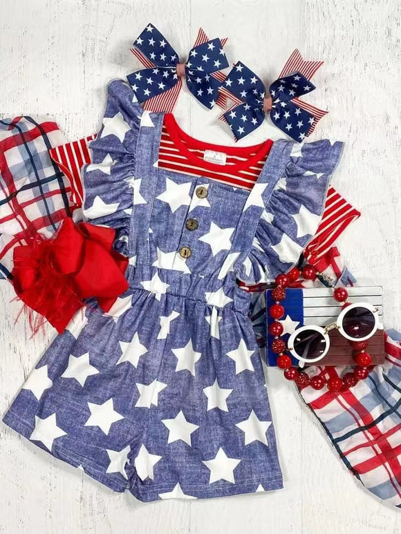 Stripe shirt stars suspender shorts girls 4th of july clothes