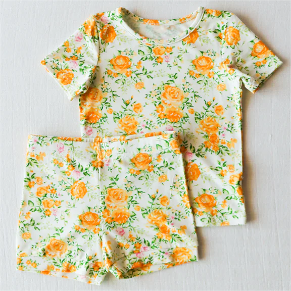 Short sleeves yellow floral top shorts girls clothes