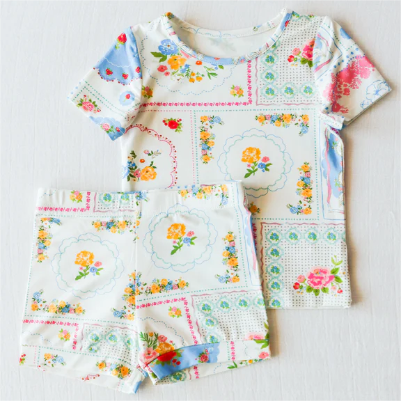 Short sleeves floral patchwork top shorts girls clothes