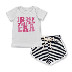 White letters top black stripe shorts singer girls clothes