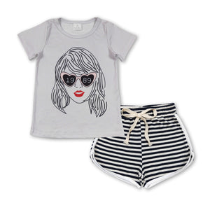 Grey top black stripe shorts singer girls clothes