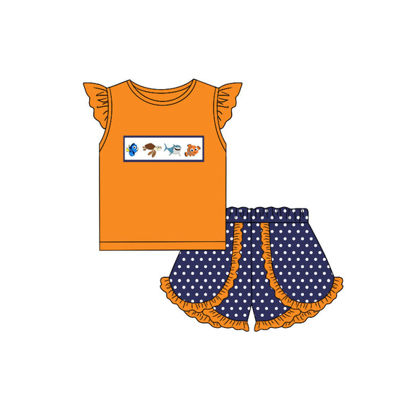 Flutter sleeves fish top polka dots shorts girls summer clothes
