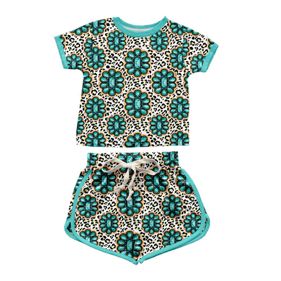 Short sleeves turquoise leopard girls summer outfits