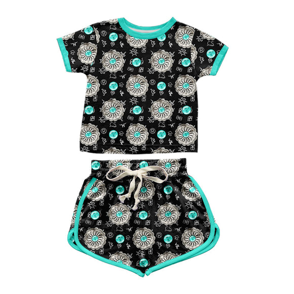 Short sleeves turquoise western girls summer outfits