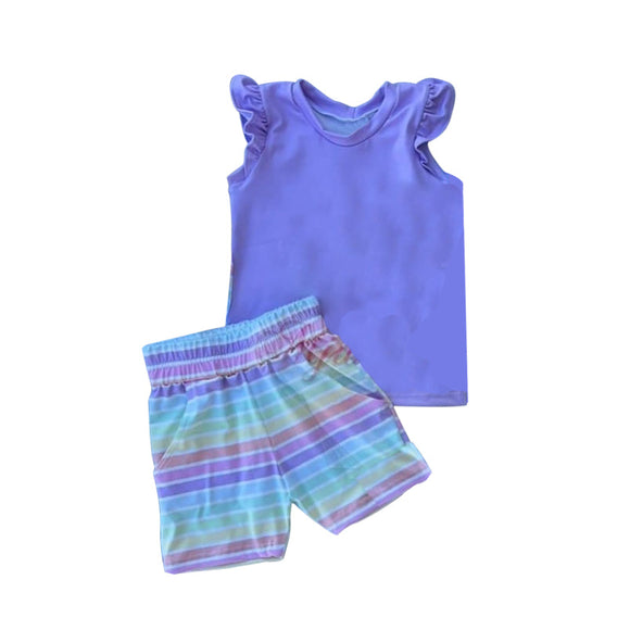 Purple flutter sleeves top stripe shorts girls summer set