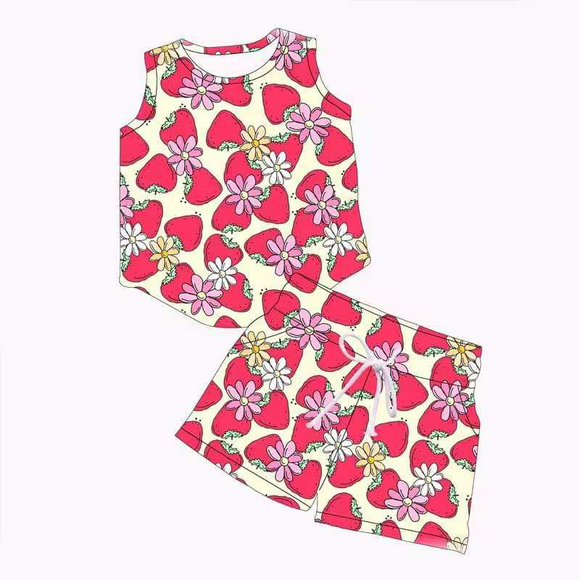 Deadline May 10 pre order Sleeveless floral strawberry baby girls clothing set