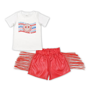 GSSO1421-- 4th of July top red tassels leather shorts girls clothes