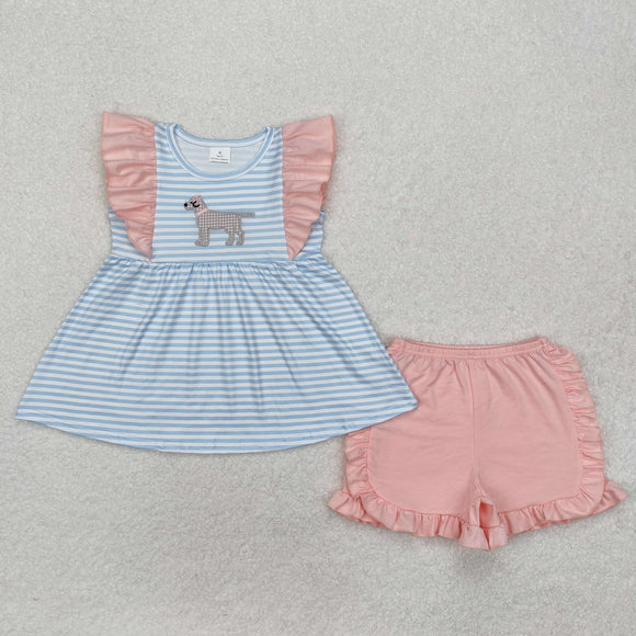 GSSO1563 Girl blue pink flying embroidered dog stripe shorts outfits