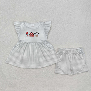 GSSO1564 Girl EMBROIDERY cow chicken flying stripe shorts outfits